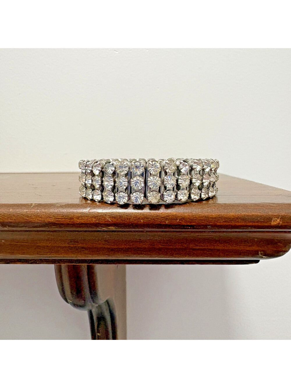 Vintage Three Row Silver Tone Rhinestone Expansion Bracelet Japan Retro Estate